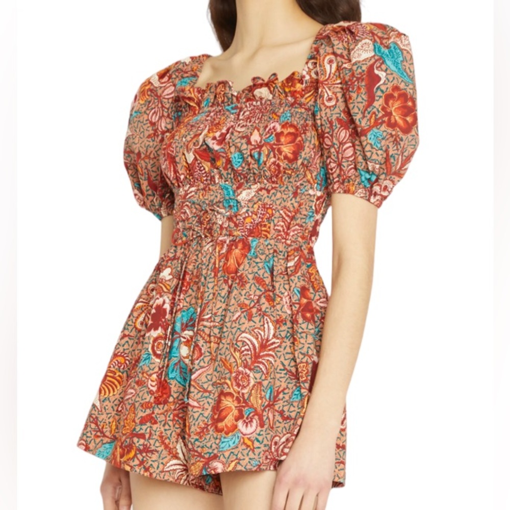 Ulla Johnson Floral Puff-Sleeve Romper in Rust & Turquoise